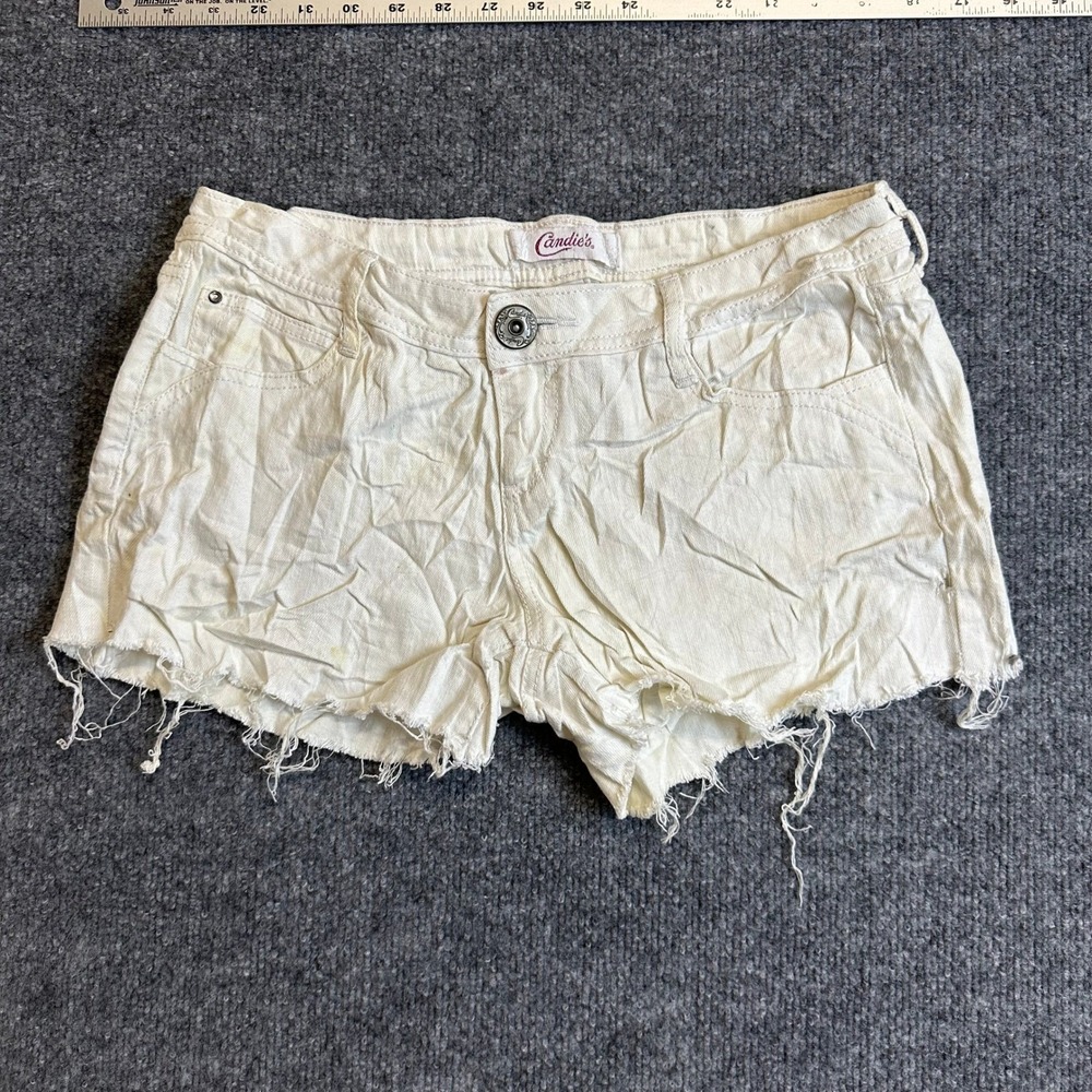 Candie's Denim Shorts Womens Size 1 Off-White Low Rise Frayed Raw Hem Casual